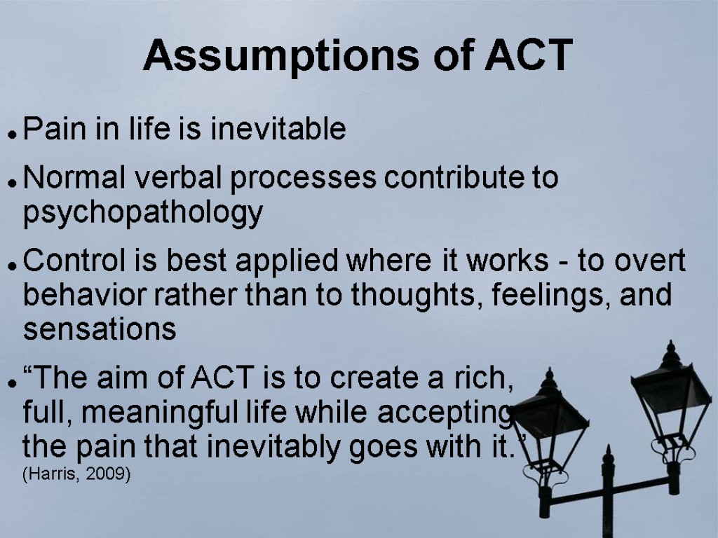 Assumptions of ACT Pain in life is inevitable Normal verbal processes contribute to psychopathology